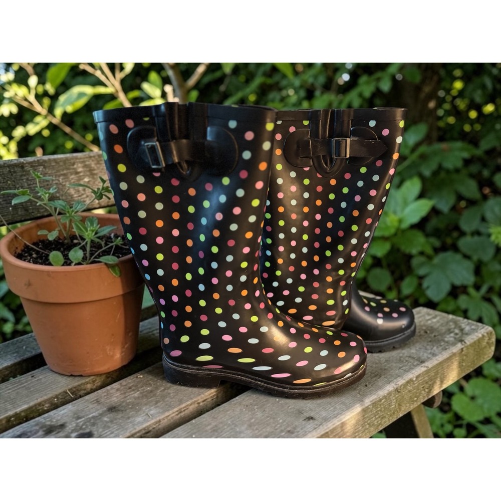 Womens Rain Boots Polka Dot Black Multi Waterproof Mid Calf Rubber Boots NEW